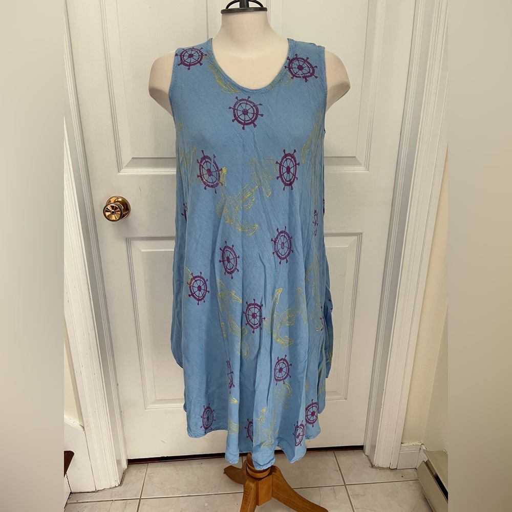 Nautical Blue Sleeveless Dress with Purple and Yellow Accents
